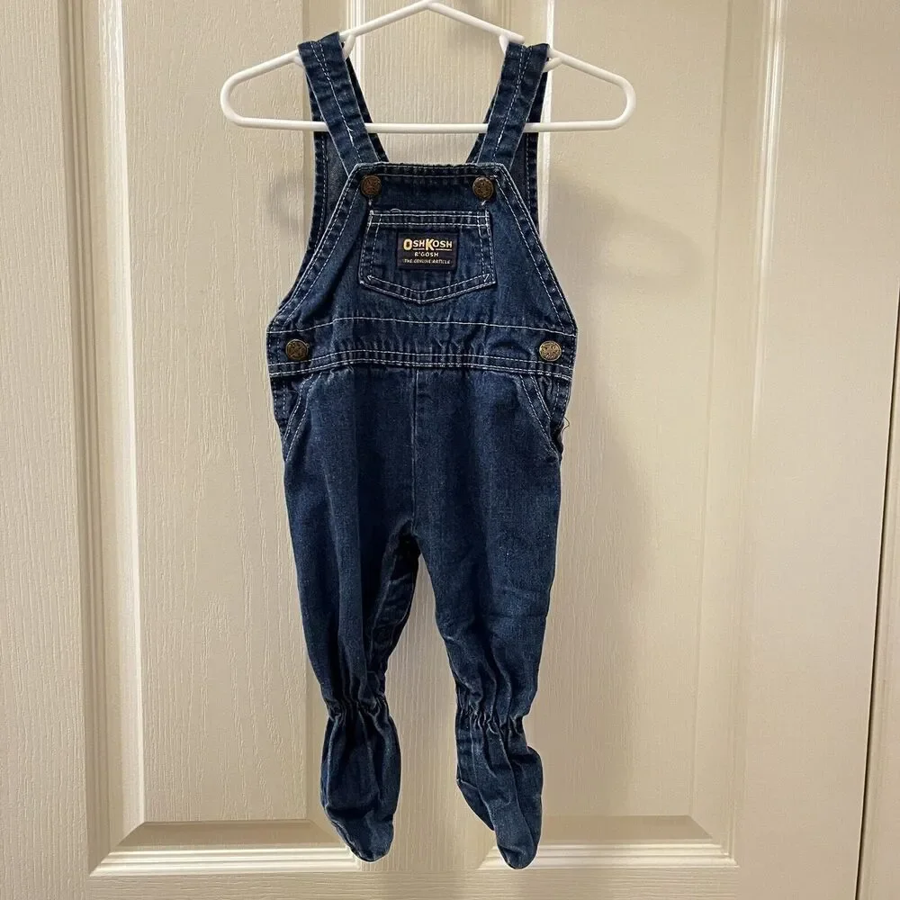 Vintage Oshkosh B'gosh Blue Denim Overalls with Feet USA Size 3-6 Months